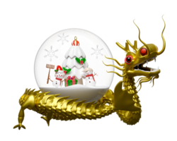 3d oro Drago con neve sfera, ornamenti bicchiere trasparente pupazzo di neve e amico, pino albero, regalo scatola, cappello, fiocco di neve. allegro Natale e contento nuovo anno, 3d rendere illustrazione png