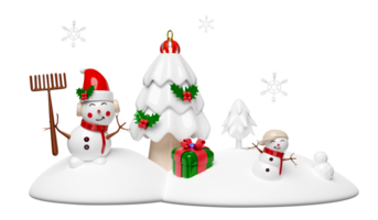 3d pupazzo di neve e amico su neve collina con pino albero, regalo scatola, fiocco di neve isolato. allegro Natale e contento nuovo anno, 3d rendere illustrazione png