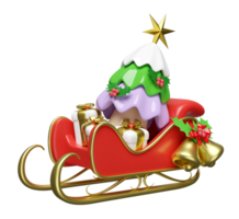 3d sleigh with pine tree, gift box, Jingle bell, holly berry leaves. merry christmas and happy new year, 3d render illustration png