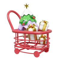 shopping cart with christmas tree, gift box. merry christmas and happy new year, 3d render illustration png