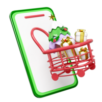 3d mobile phone, smartphone with shopping cart christmas tree, gift box. merry christmas and happy new year, online shopping, 3d render illustration png