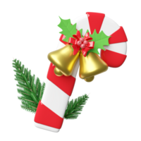 candy cane with Jingle bell, red bow, holly berry leaves, pine tree. merry christmas and happy new year, 3d render illustration png