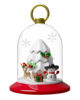 snow globe christmas decorative glass transparent with snowman, pine tree, reindeer, snowflake, gift box. merry christmas and happy new year, 3d render illustration png