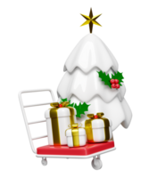 3d trolley with christmas tree, holly berry leaves, gift box. merry christmas and happy new year, 3d render illustration png