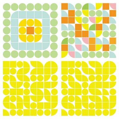 abstract geometric background with circles and squares in yellow, pink and green. Seamless vector pattern with circles and squares in yellow and blue
