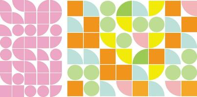 abstract geometric background with circles and squares in yellow, pink and green. Seamless vector pattern with circles and squares in yellow and blue