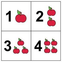 Numbers game for children. Count how many apples and write the result. Counting worksheets for school children. Introduction to numbers for pre-school children vector