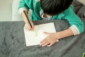 un chico es dibujo imágenes en un cuaderno en el mesa. aprendizaje fuera de el salón de clases foto