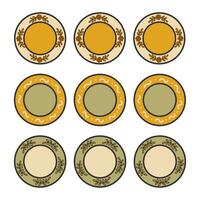 Set of vintage plates with different decorated. Vector doodle