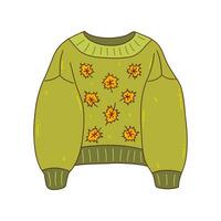 Autumn cozy green knitted sweater with maple leaves. Vector