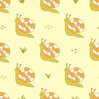 Seamless pattern. Cute snail in field among grasses. Vector