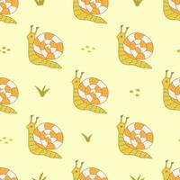 Seamless pattern. Cute snail in field among grasses. Vector