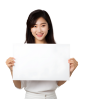 Smiling Asian person holding blank sheet of paper AI Generated AI Generated png