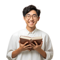 Asian man reading or holding a book. Isolated AI Generated AI Generated png