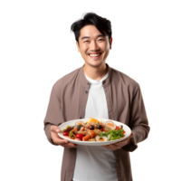 Asian man holding food with funny expression AI Generated AI Generated png