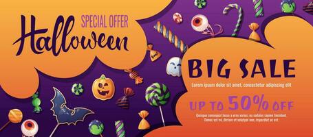 Discount banner design with sweets and cookies. Halloween sale, discount voucher. Template for banner, poster, flyer, advertisement.. vector