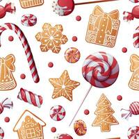 Seamless pattern with lollipops, candies and gingerbread cookies. Suitable for fabric, wrapping paper, wallpaper, background, textile, etc. vector