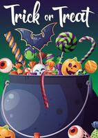 Flyer template with cauldron of sweets. Halloween party. Trick or treat. Party invitation design vector