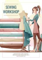 Flyer design with seamstress. Banner poster with a girl creating clothes on a mannequin. Work in a sewing workshop, atelier, tailoring courses vector