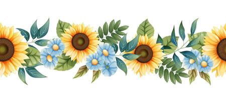 Seamless border with sunflowers and blue daisies on an isolated background. Floral pattern with wildflowers. Ornament for decor and design of cards, banners. vector