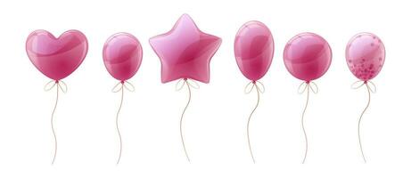 Set of balloons on isolated background. Cartoon style pink helium balloons of different shapes. Decor for birthdays, holidays, Christmas, etc. vector