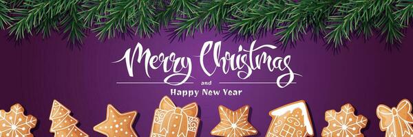 Festive banner with fir branches and gingerbread cookies. Christmas background with gingerbread. Suitable for greeting cards, banners, posters, flyers for New Year and Christmas vector