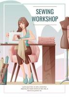 Flyer design with seamstress. Banner poster with a girl creating clothes on a sewing machine. Work in a sewing workshop, atelier, tailoring courses. vector