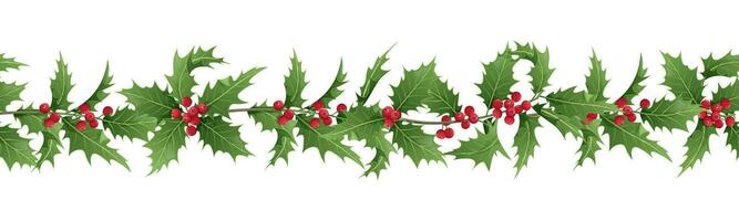 Seamless border with holly berry. Christmas ornament with winter plants on isolated background. Suitable for design of greeting cards, gifts, decorative tape, ribbon vector