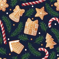 Seamless pattern with gingerbread, candy cane and fir branches. Suitable for fabric, wrapping paper, wallpaper, background, textile, etc. vector