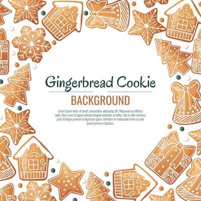 Christmas background with gingerbread house, gift, snowflake, fir tree. Greeting card with cookies in glaze. Flyer, banner poster for invitation