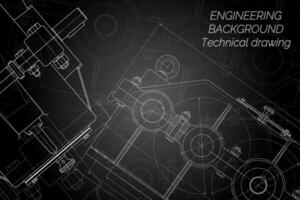 Mechanical engineering drawings on black background. Reducer. Technical Design. Cover. Blueprint. Vector illustration.