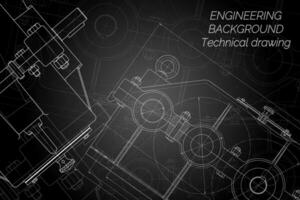 Mechanical engineering drawings on black background. Reducer. Technical Design. Cover. Blueprint. Vector illustration.