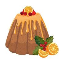 Orange Christmas cupcake with a decoration of an orange slice and holly . Illustrated vector clipart.