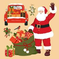 Christmas elements set. Santa Claus with a bag of gifts and a red car. Santa's car with gifts in the trunk. Illustrated vector clipart.