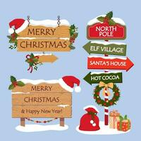 Christmas elements set. Snow-covered wooden signs and signs. A road sign with the text Merry Christmas and Santa hat. Illustrated vector clipart.