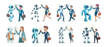 Happy people and robot giving high five. vector