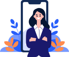 Hand Drawn Business woman with smartphone in online business concept in flat style png