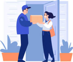 Hand Drawn a delivery man is delivering a package to a customer in flat style png