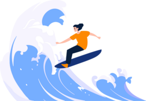 Hand gezeichnet Tourist Teen Zeichen sind spielen Surfbretter beim das Meer im eben Stil png