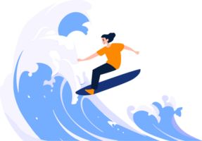 Hand Drawn Tourist teen characters are playing surfboards at the sea in flat style png