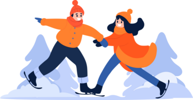 Hand Drawn couple character playing ice skating in winter in flat style png