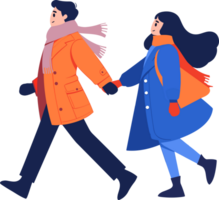 Hand Drawn couple wearing winter clothing walks on a path filled with snow in flat style png