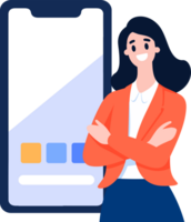 Hand Drawn Business woman with smartphone in online business concept in flat style png