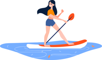 Hand Drawn Tourist teen characters are playing surfboards at the sea in flat style png