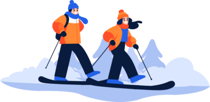 Hand Drawn couple character playing ice skating in winter in flat style png