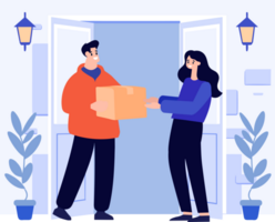 Hand Drawn a delivery man is delivering a package to a customer in flat style png