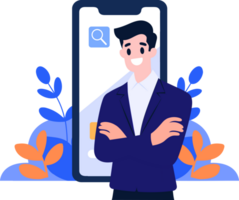 Hand Drawn Businessman with smartphone in online business concept in flat style png