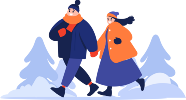 mano dibujado Pareja vistiendo invierno ropa camina en un camino lleno con nieve en plano estilo png