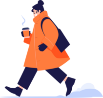 Hand gezeichnet ein Mann tragen Winter Kleidung Spaziergänge auf ein Pfad gefüllt mit Schnee im eben Stil png