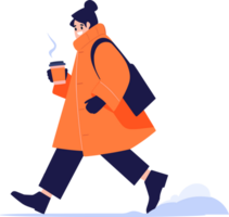 mão desenhado uma homem vestindo inverno roupas anda em em uma caminho preenchidas com neve dentro plano estilo png